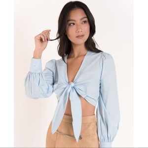 NEW Eggie Bella Blouse blue tie front crop top